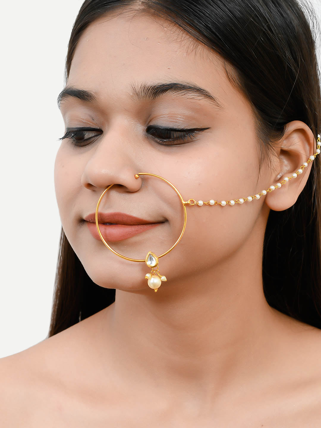 High Quality Gold Plated Circular Design Kundan Stone With Pearl Chain Nose  Ring